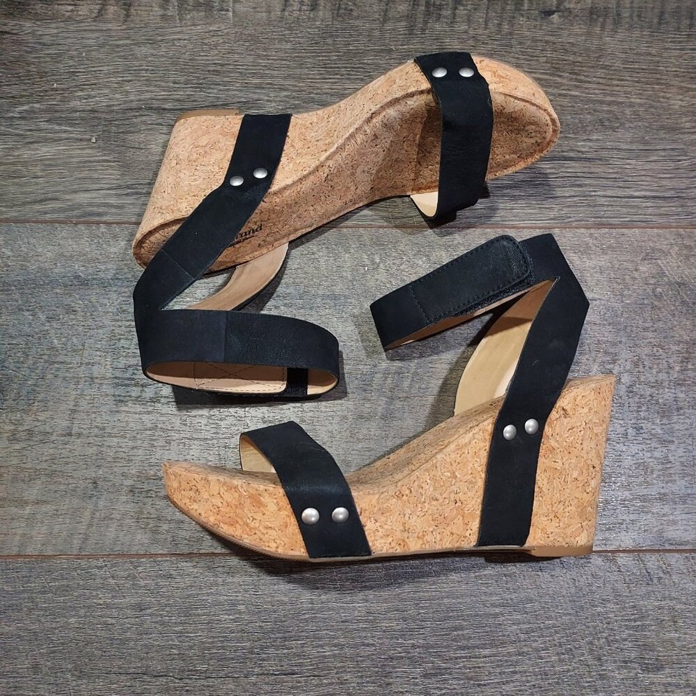 Lucky Brand Black Suede Sandal Ankle Strap Cork Wedge Heel Size7.5M USA Mcdowell - Picture 5 of 9